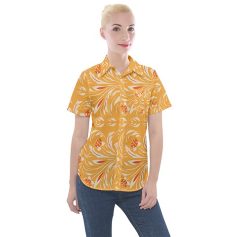 Orange Pattern Women s Short Sleeve Pocket Shirt by Eskimos