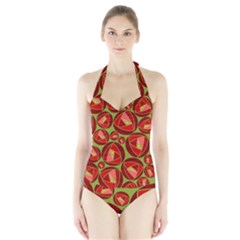 Abstract Rose Garden Red Halter Swimsuit