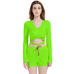 Color Lawn Green Velvet Wrap Crop Top And Shorts Set by Kultjers