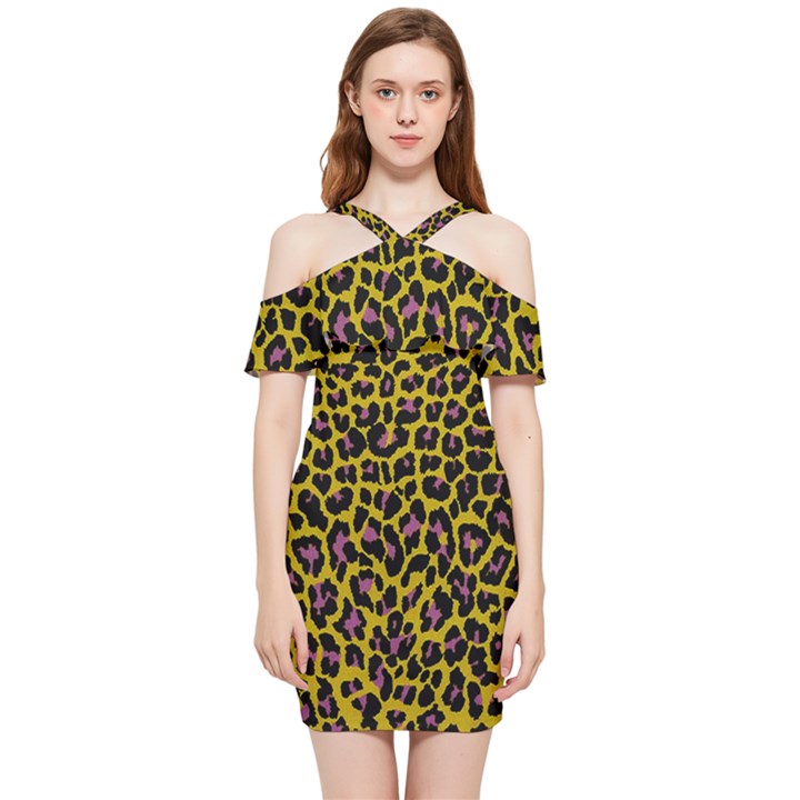 Pattern Leopard Yellow Fur Shoulder Frill Bodycon Summer Dress