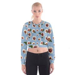 Delicate Hibiscus Flowers On A Blue Background Cropped Sweatshirt by SychEva