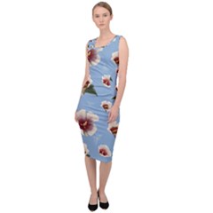 Delicate Hibiscus Flowers On A Blue Background Sleeveless Pencil Dress by SychEva
