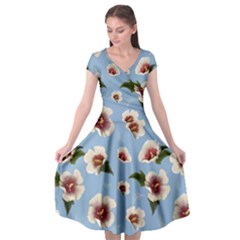 Delicate Hibiscus Flowers On A Blue Background Cap Sleeve Wrap Front Dress by SychEva