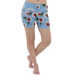 Delicate Hibiscus Flowers On A Blue Background Lightweight Velour Yoga Shorts by SychEva
