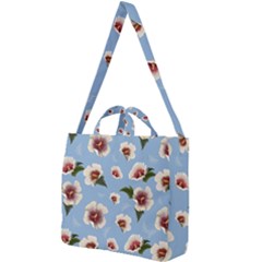 Delicate Hibiscus Flowers On A Blue Background Square Shoulder Tote Bag by SychEva
