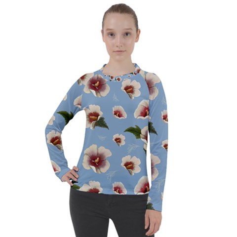 Delicate Hibiscus Flowers On A Blue Background Women s Pique Long Sleeve Tee by SychEva