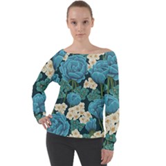 Blue Flowers Off Shoulder Long Sleeve Velour Top by goljakoff
