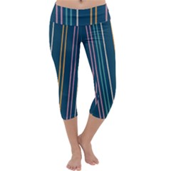 Multicolored Stripes On Blue Capri Yoga Leggings by SychEva