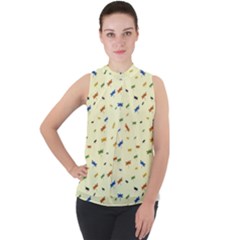 Dragonfly On Yellow Mock Neck Chiffon Sleeveless Top by JustToWear