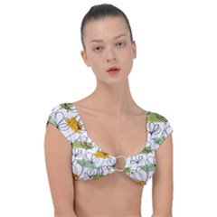 Flower Line Art Color Seamless Pattern Cap Sleeve Ring Bikini Top