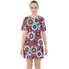 Daisy Colorfull Seamless Pattern Sixties Short Sleeve Mini Dress by Kizuneko