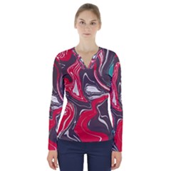 Red Vivid Marble Pattern 3 V-neck Long Sleeve Top by goljakoff