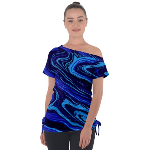 Blue Vivid Marble Pattern 16 Off Shoulder Tie-up Tee by goljakoff