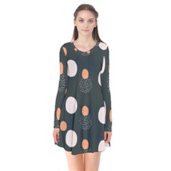 Black Peach White  Long Sleeve V-neck Flare Dress by Sobalvarro