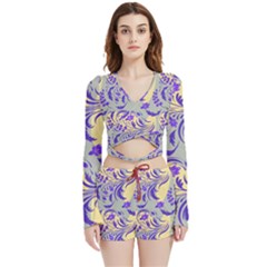 Folk Floral Pattern  Abstract Flowers Surface Design  Seamless Pattern Velvet Wrap Crop Top And Shorts Set by Eskimos