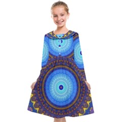 Blue Violet Midnight Sun Mandala Hippie Trippy Psychedelic Kaleidoscope  Kids  Midi Sailor Dress by CrypticFragmentsDesign