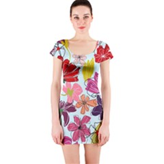 Flower Pattern Short Sleeve Bodycon Dress by Galinka