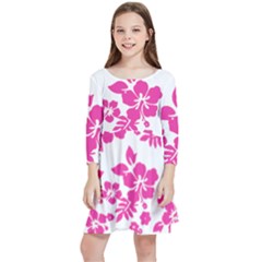 Hibiscus Pattern Pink Kids  Quarter Sleeve Skater Dress