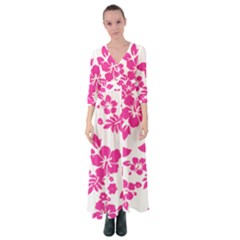 Hibiscus Pattern Pink Button Up Maxi Dress