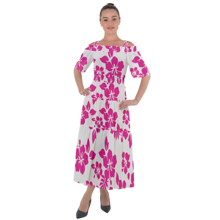 Hibiscus pattern pink Shoulder Straps Boho Maxi Dress 