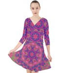 Purple Flower Quarter Sleeve Front Wrap Dress