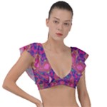 Purple Flower Plunge Frill Sleeve Bikini Top
