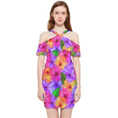 Watercolor Flowers  Multi-colored Bright Flowers Shoulder Frill Bodycon Summer Dress by SychEva