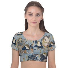 Famous Heroes Of The Kabuki Stage Played By Frogs  Velvet Short Sleeve Crop Top  by Sobalvarro