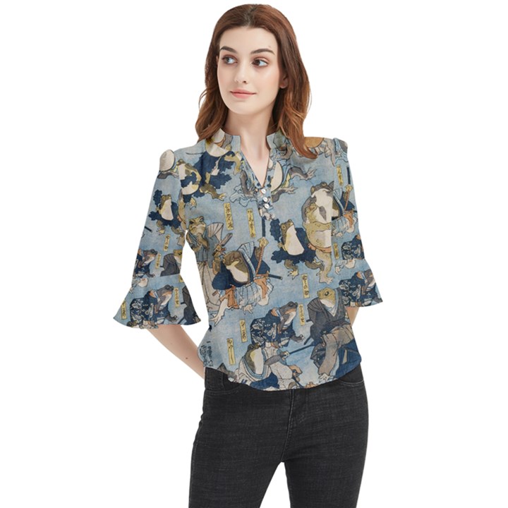 Famous heroes of the kabuki stage played by frogs  Loose Horn Sleeve Chiffon Blouse
