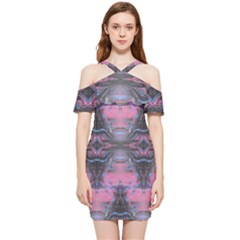 Grey Pink Module  Shoulder Frill Bodycon Summer Dress by kaleidomarblingart