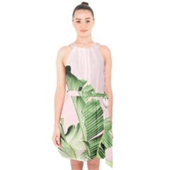 Palm Leaves On Pink Halter Collar Waist Tie Chiffon Dress by goljakoff