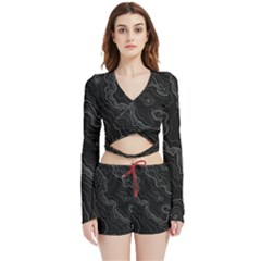 Black Topography Velvet Wrap Crop Top And Shorts Set by goljakoff