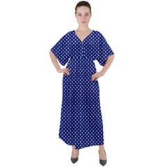 Stars Blue Ink V-neck Boho Style Maxi Dress by goljakoff