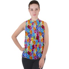 Pansies  Watercolor Flowers Mock Neck Chiffon Sleeveless Top by SychEva