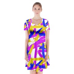 Colored Stripes Short Sleeve V-neck Flare Dress by UniqueThings