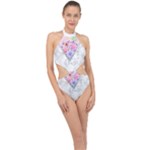 Minimal Pink Floral Marble A Halter Side Cut Swimsuit