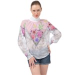 Minimal Pink Floral Marble A High Neck Long Sleeve Chiffon Top