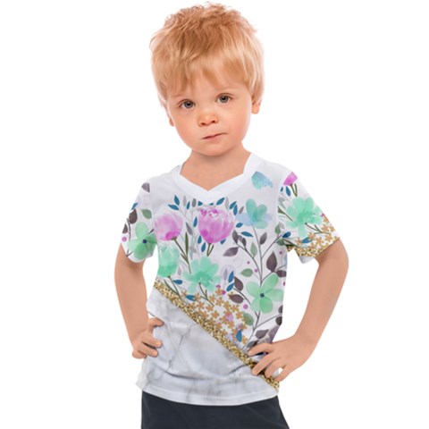 Minimal Green Gold Floral Marble A Kids  Sports Tee by gloriasanchez