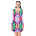 Colorful Abstract Painting E Long Sleeve V-neck Flare Dress