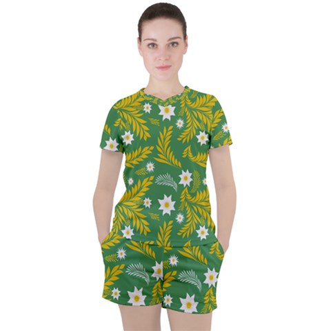 Folk Flowers Art Pattern Floral Abstract Surface Design  Seamless Pattern Women s Tee And Shorts Set by Eskimos