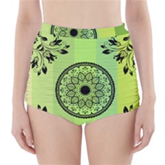Green Grid Cute Flower Mandala High-waisted Bikini Bottoms by Magicworlddreamarts1