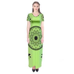 Green Grid Cute Flower Mandala Short Sleeve Maxi Dress