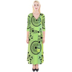 Green Grid Cute Flower Mandala Quarter Sleeve Wrap Maxi Dress