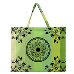 Green Grid Cute Flower Mandala Zipper Large Tote Bag