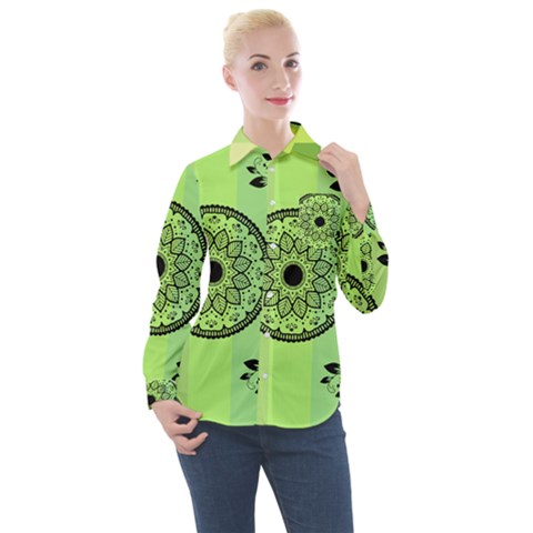Green Grid Cute Flower Mandala Women s Long Sleeve Pocket Shirt by Magicworlddreamarts1
