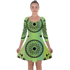 Green Grid Cute Flower Mandala Quarter Sleeve Skater Dress by Magicworlddreamarts1