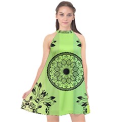Green Grid Cute Flower Mandala Halter Neckline Chiffon Dress  by Magicworlddreamarts1