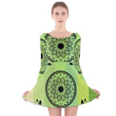 Green Grid Cute Flower Mandala Long Sleeve Velvet Skater Dress by Magicworlddreamarts1