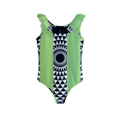  Green Check Pattern, Vertical Mandala Kids  Frill Swimsuit by Magicworlddreamarts1