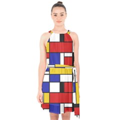 Stripes And Colors Textile Pattern Retro Halter Collar Waist Tie Chiffon Dress by DinzDas